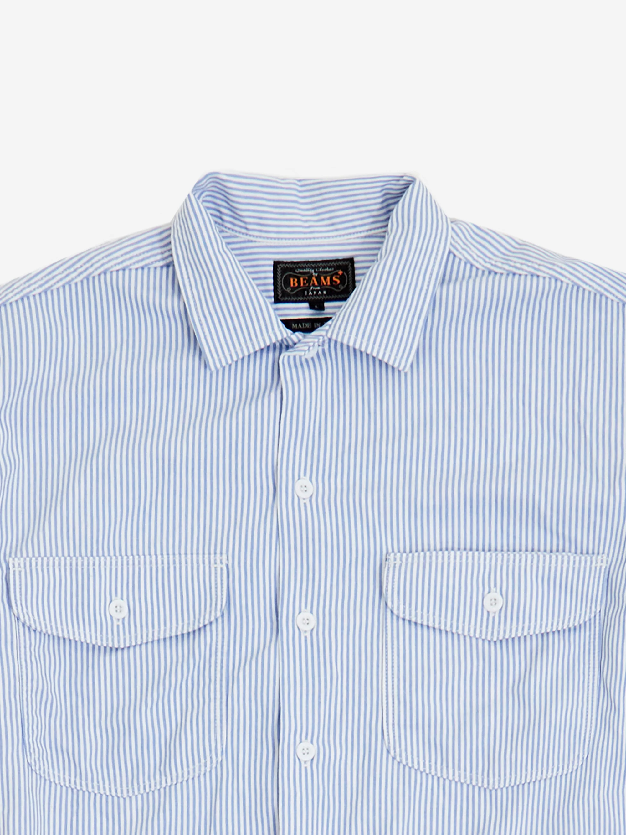 Beams Plus Work Short Sleeve Stripe Coolmax® - Blue - Image 3