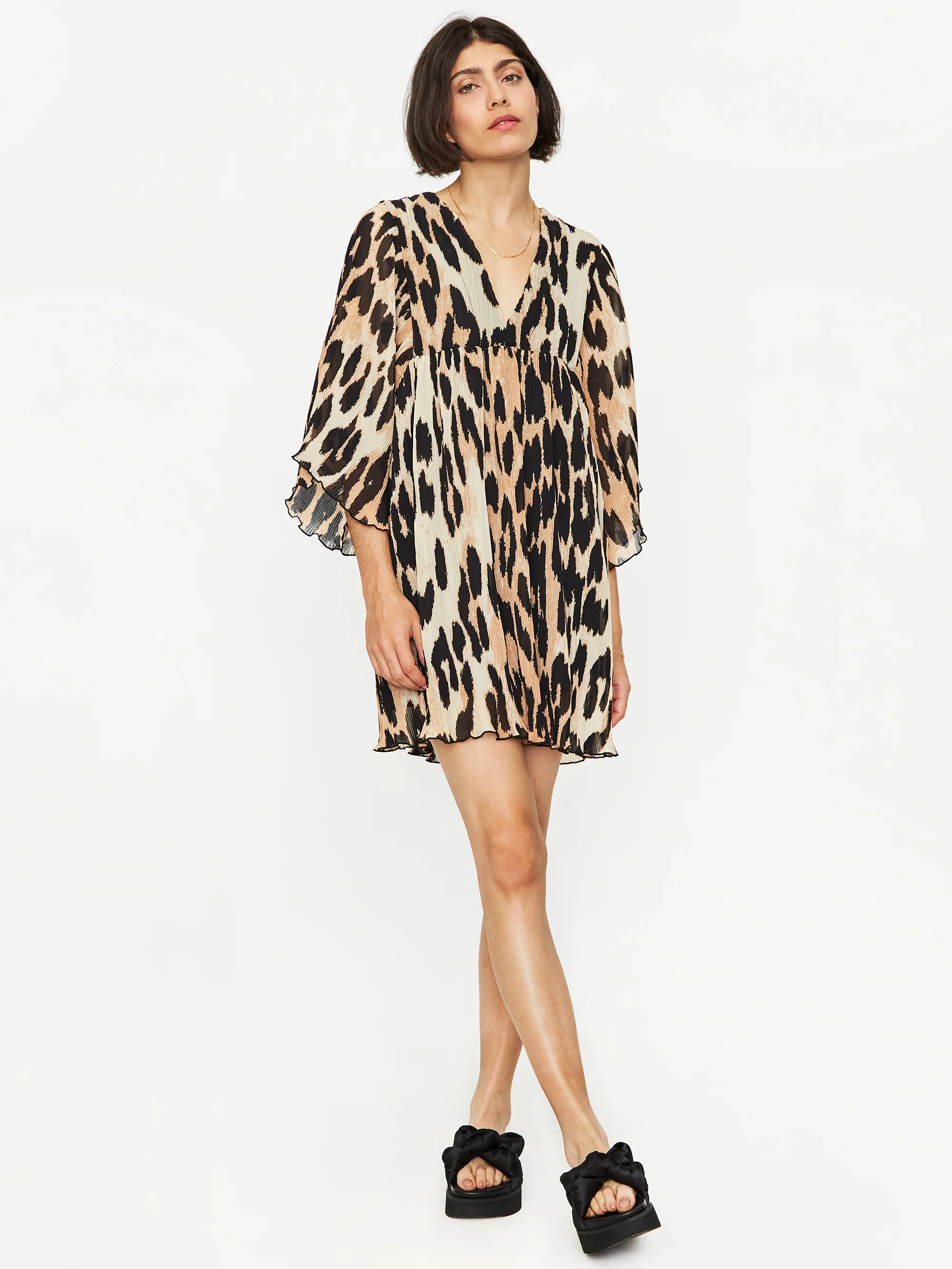 Ganni Pleated Georgette Oversized Mini Dress - Maxi Leopard - Image 3