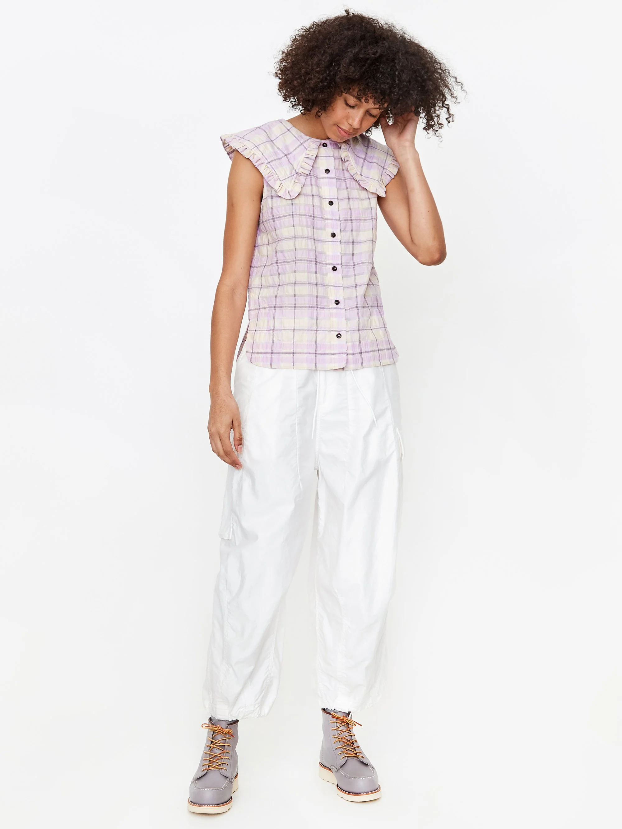 Ganni Pleated Seersucker Check Sleeveless Shirt - Orchid Bloom - Image 3
