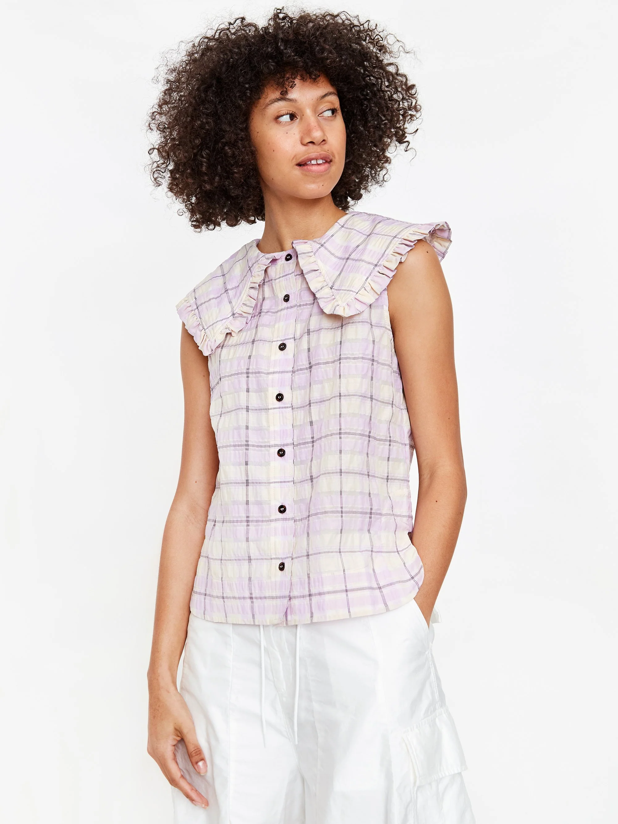 Ganni Pleated Seersucker Check Sleeveless Shirt - Orchid Bloom - Image 4