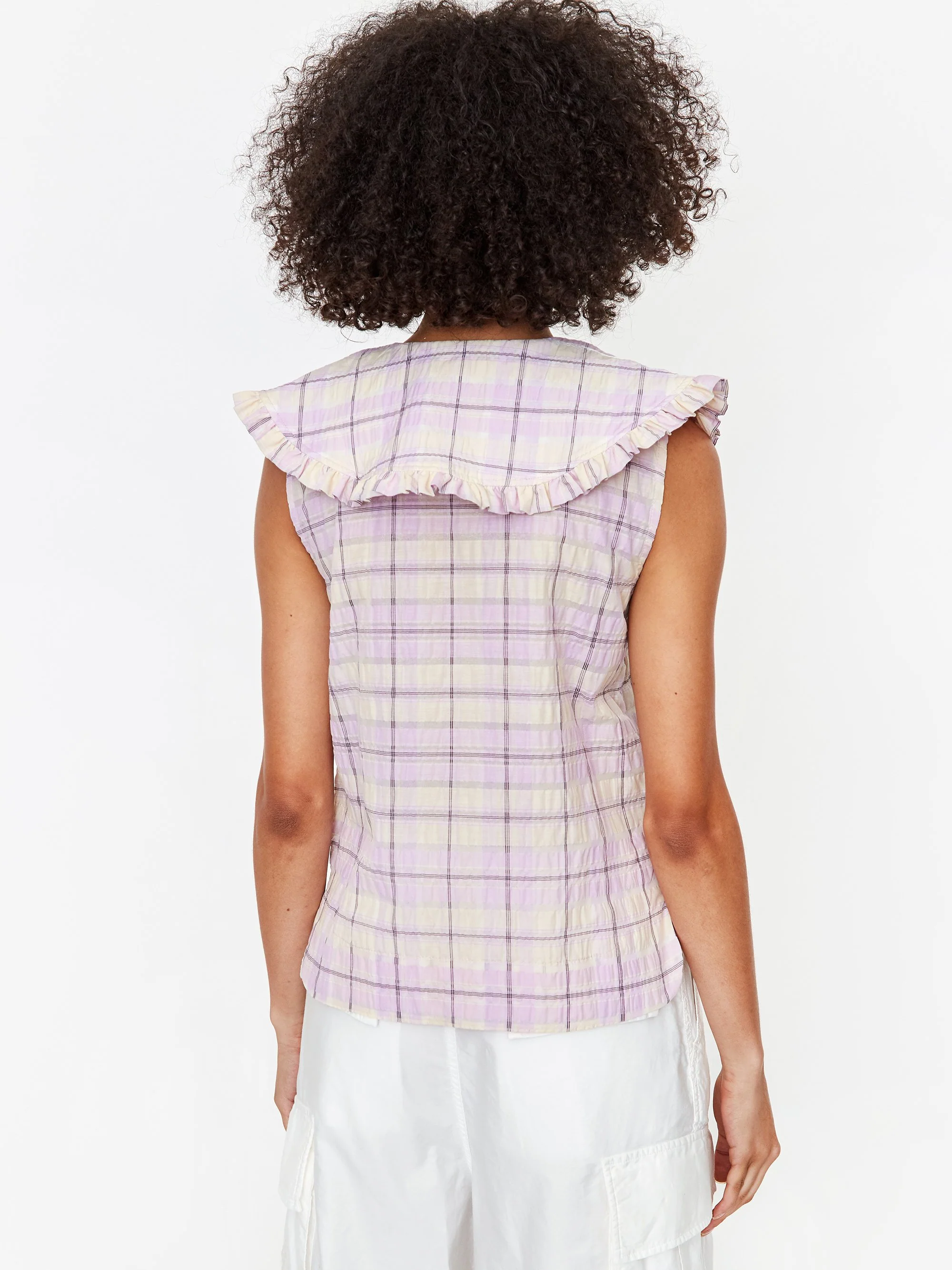 Ganni Pleated Seersucker Check Sleeveless Shirt - Orchid Bloom - Image 5