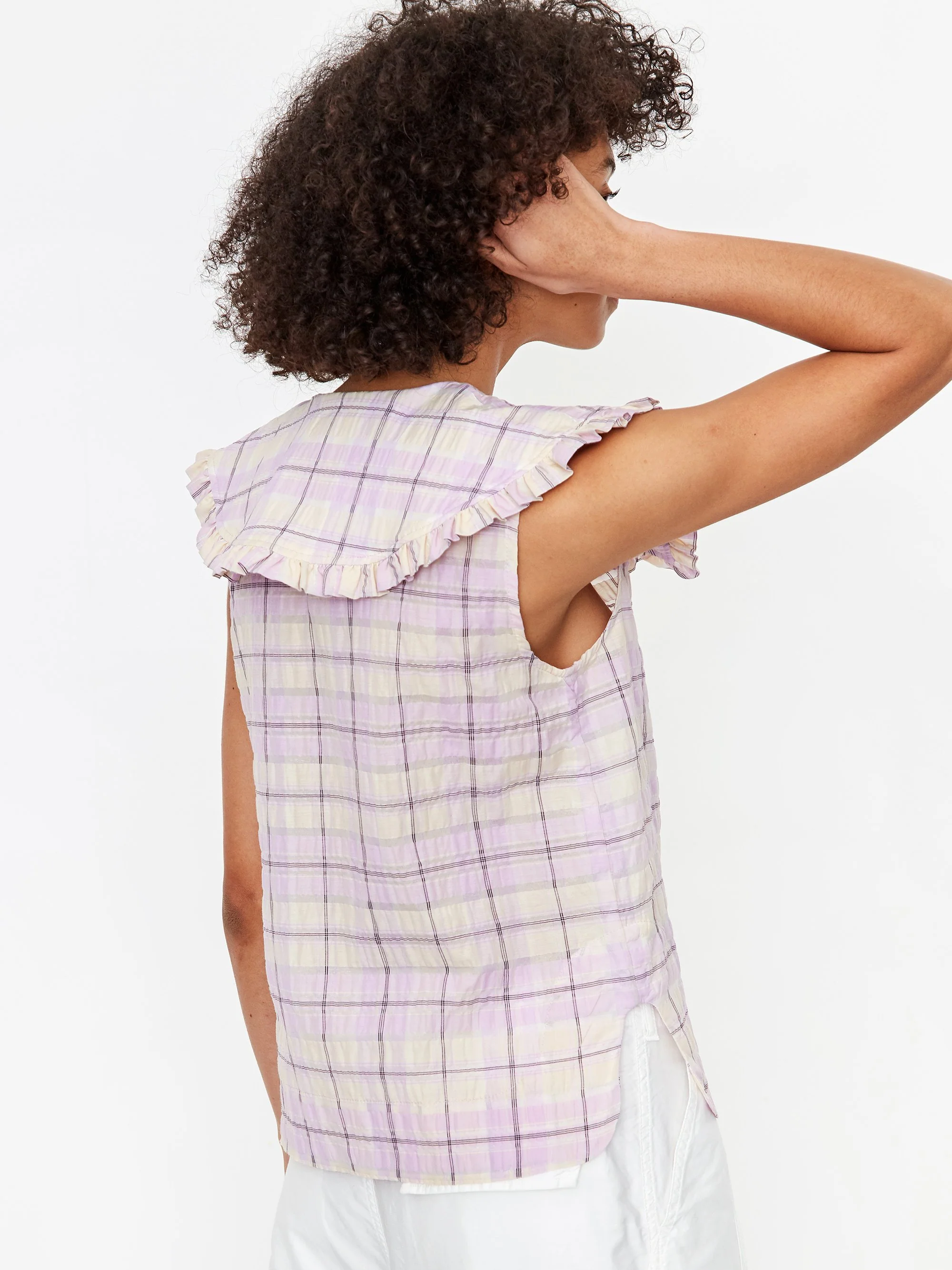 Ganni Pleated Seersucker Check Sleeveless Shirt - Orchid Bloom - Image 6